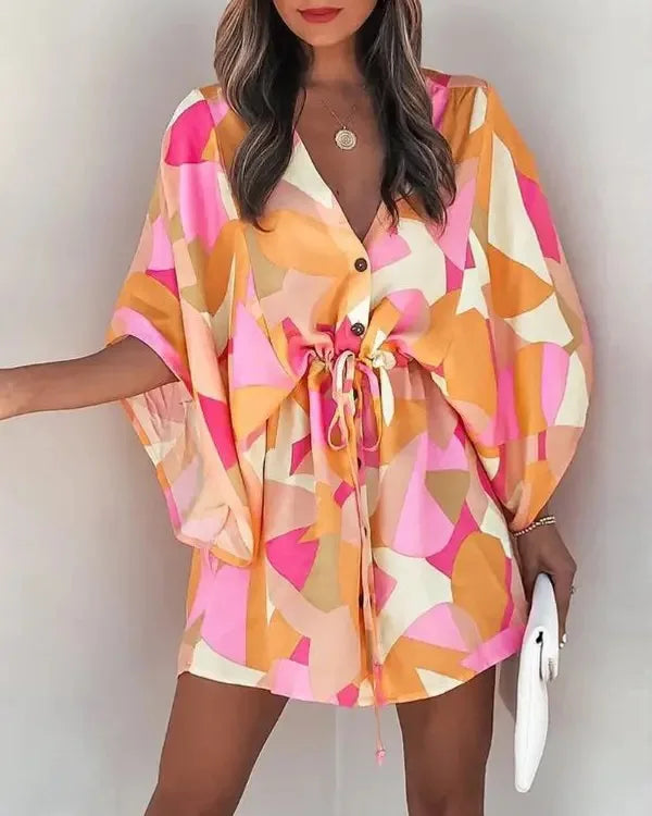 Summer Boho Mini Dress Women Flora Print Batwing Sleeve Lace-Up V Neck Loose Button Dresses Ladies Beach Party Dress Vestido