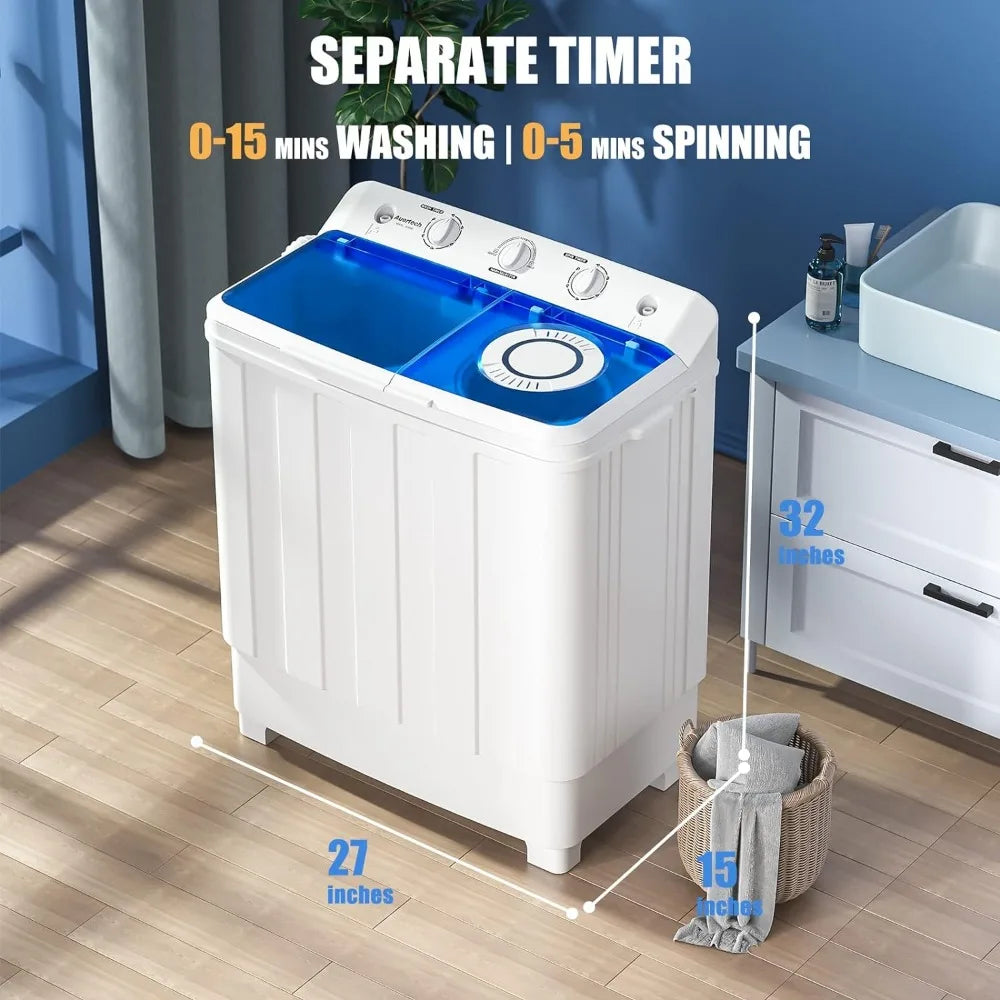 Portable Washing Machine, 28lbs Twin Tub Mini Compact Laundry Machine with Drain Pump, Semi-automatic for Dorms, Apartments, RVs