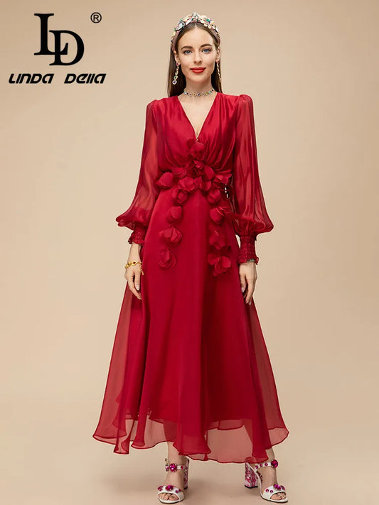 LD LINDA DELLA 2023 Summer Runway Elegant Party Dress Women's Red V-Neck High Waist Applique Chiffon Slim Fit Long Dress