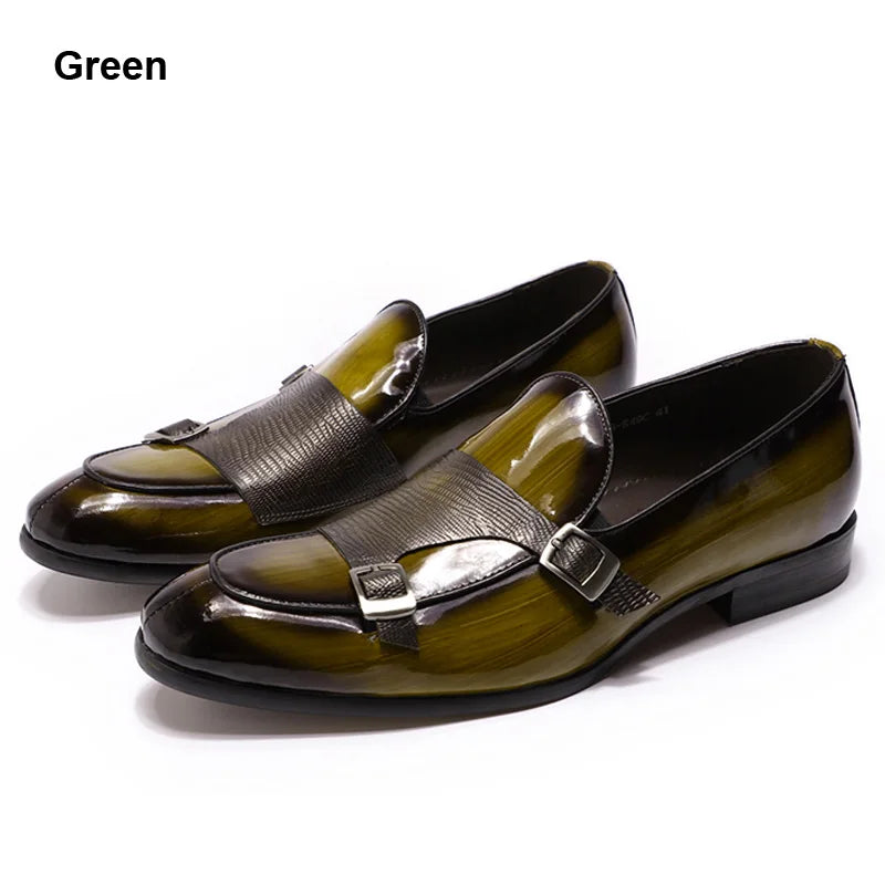 FELIX CHU Brand Patent Leather Mens Loafers Wedding Party Dress Shoes Black Green Monk Strap Casual Fashion Men Slip-On Shoes