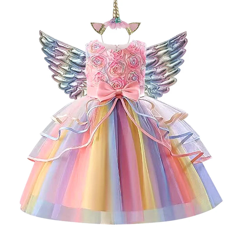 New 3pcs Baby Girls Dress Pastel Rainbow Princess For Summer Birthday Party Dress Unicorn Cosplay Perform Children Costume