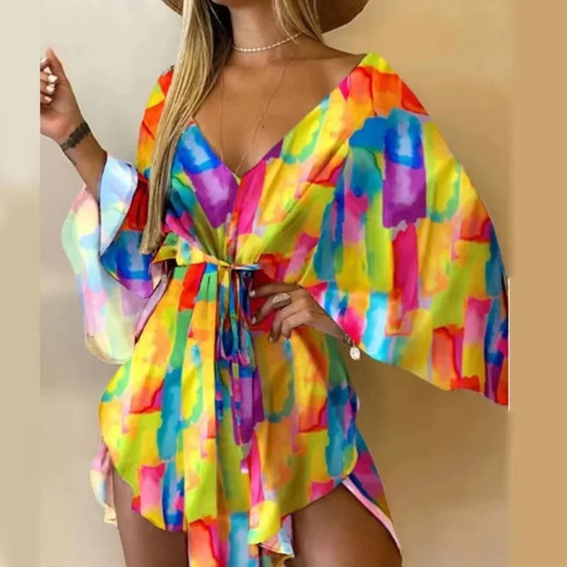 2024 New Summer Beach Elegant Women Dresses Sexy V Neck Lace-up Floral Print Mini Dress Casual Flared Sleeves Ladies Party Dress