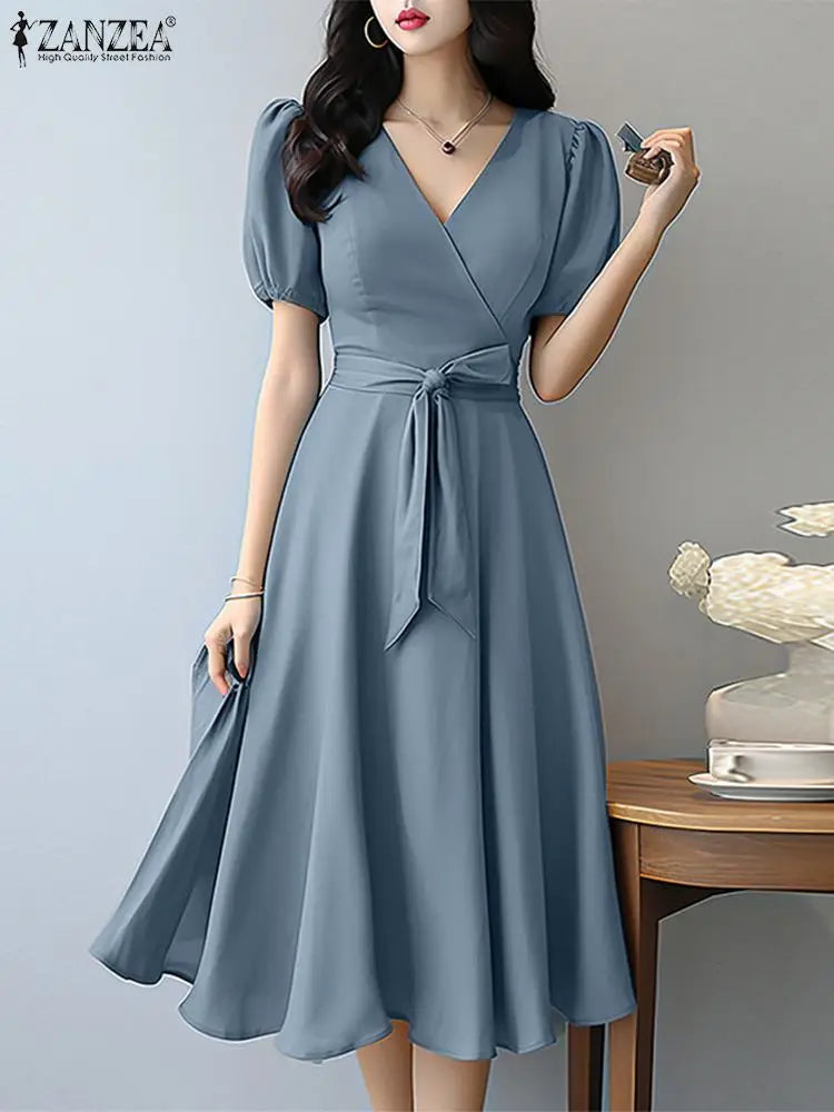 Women Elegant Party Dress ZANZEA Summer V Neck Short Sleeve Midi Sundress Solid OL Work Robe Fashion A Line Loose Vestidos 2024