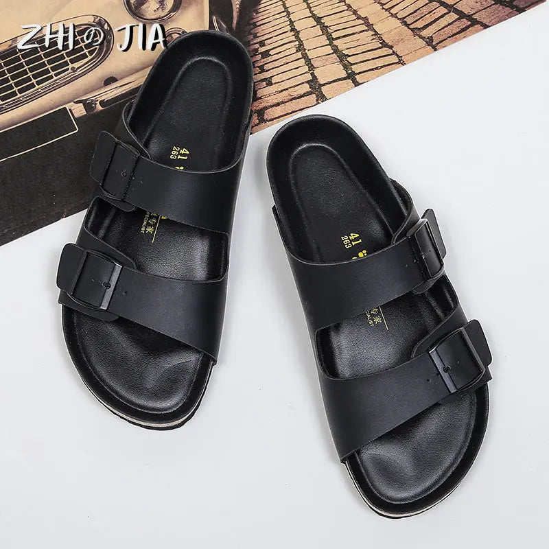 Men's New Black Fashion Cowhide Slippers Couple Style Summer Leisure Sports Sandals Comfortable Breathable Versatile Shoes Large