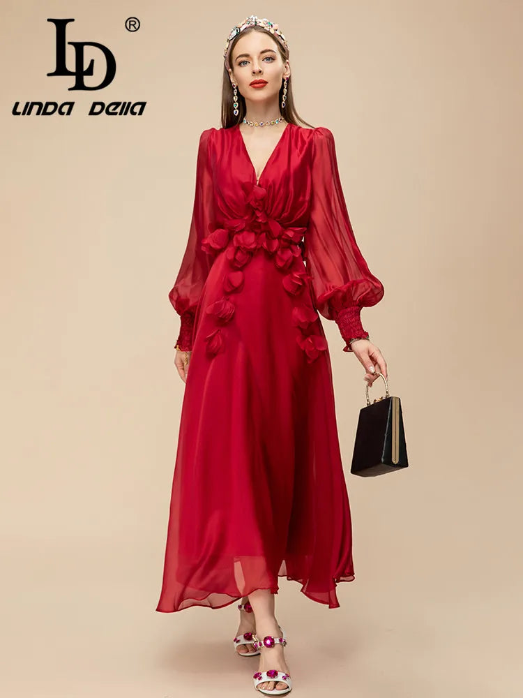 LD LINDA DELLA 2023 Summer Runway Elegant Party Dress Women's Red V-Neck High Waist Applique Chiffon Slim Fit Long Dress