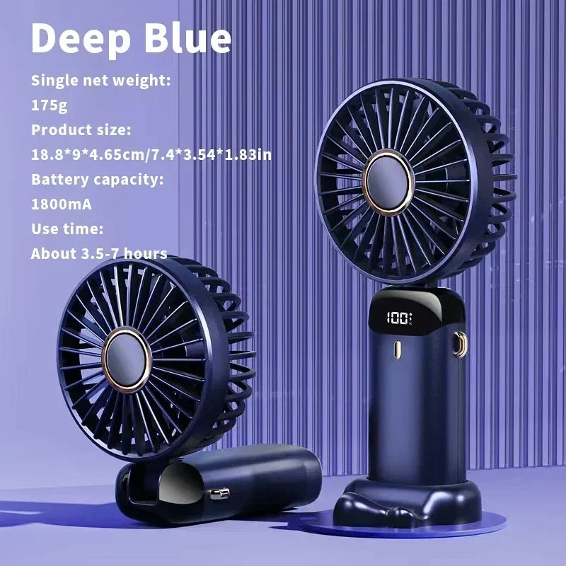 USB Handheld Mini Fan Foldable Portable Neck Hanging Fans 5 Speed Rechargeable Fan with Phone Stand and Display Screen