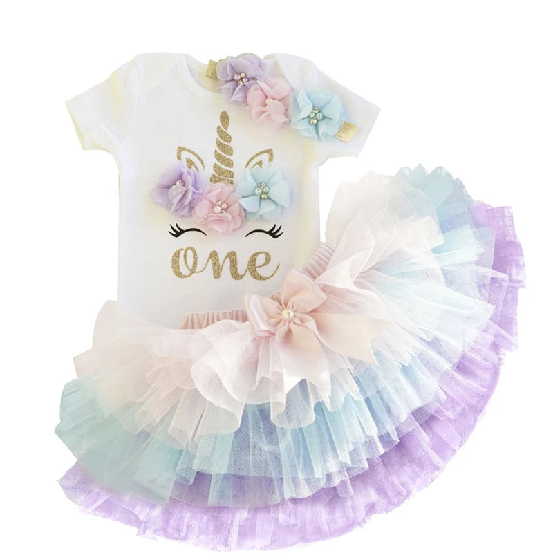 1st Birthday Print Shirt Tutu Skirt Outfit Short Sleeve Romper Pettiskirt Girls 3Pcs Clothes Sets Baby Girl Birthday Party Dress