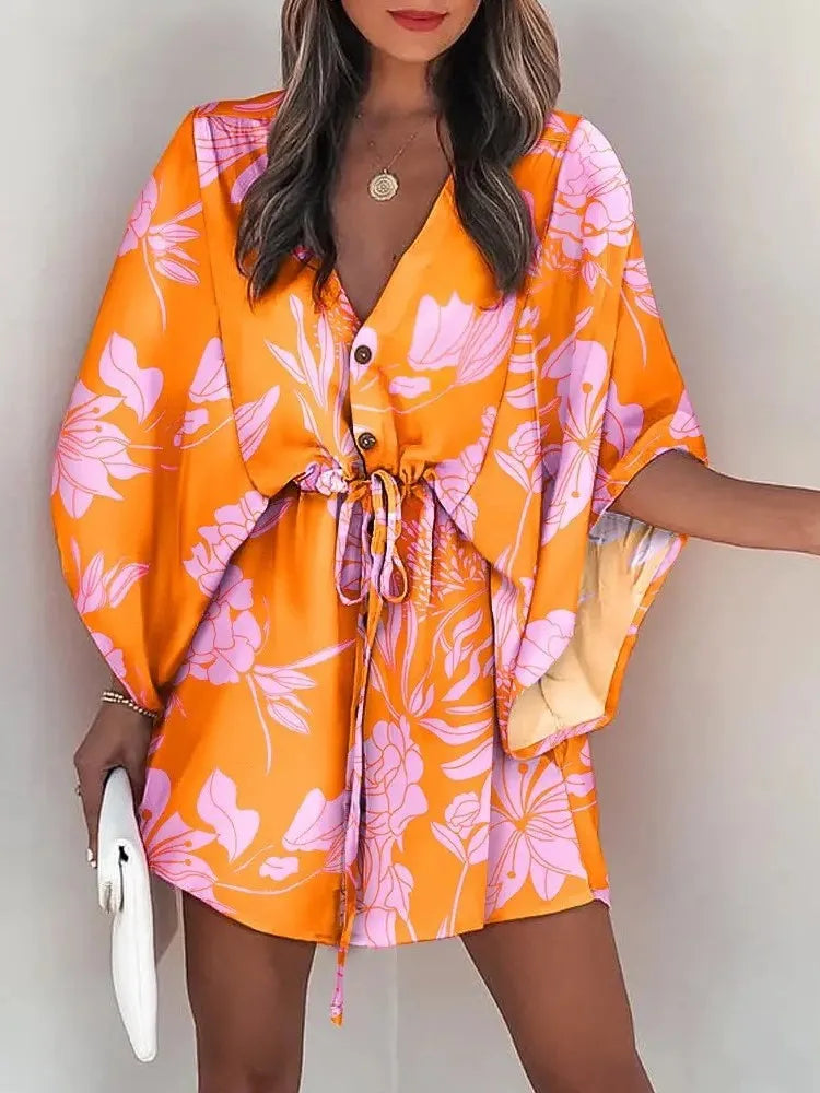 Summer Boho Mini Dress Women Flora Print Batwing Sleeve Lace-Up V Neck Loose Button Dresses Ladies Beach Party Dress Vestido