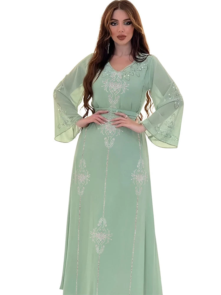 Eid Jalabiya Muslim Abaya Party Dress for Women Arab Diamond Lace-up Abayas Long Dresses Robe Woman Elegant Ramadan Vestidos