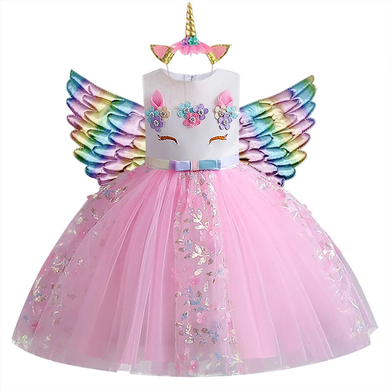 New 3pcs Baby Girls Dress Pastel Rainbow Princess For Summer Birthday Party Dress Unicorn Cosplay Perform Children Costume