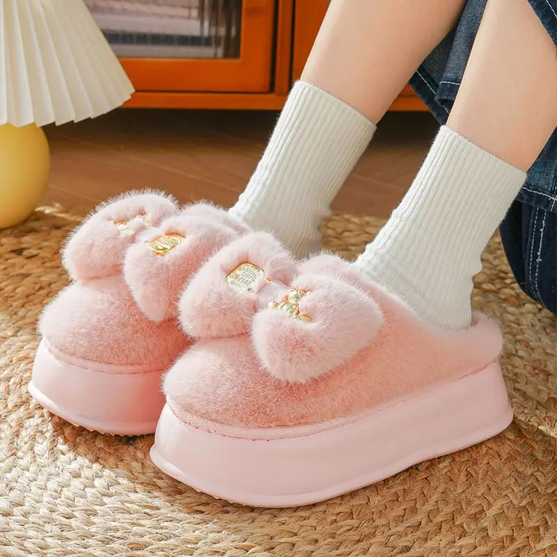 8 cm High platform fur slippers women's winter fluffy ear home shoes woman white bunny rabbit slippers woman house clog shoes