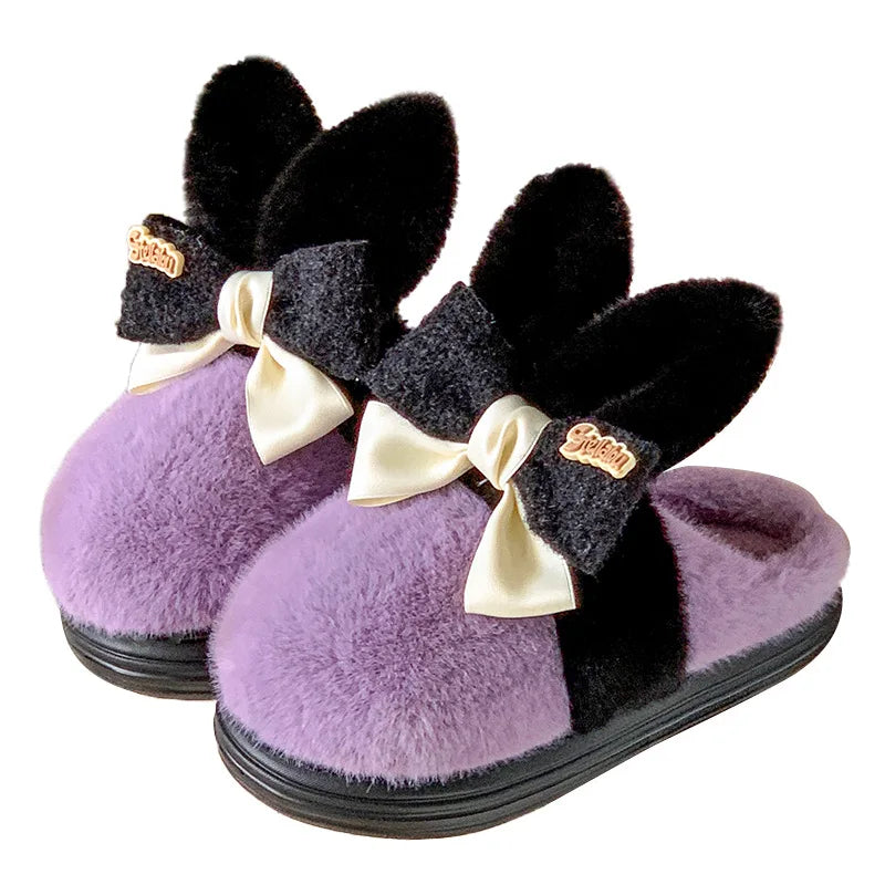 8 cm High platform fur slippers women's winter fluffy ear home shoes woman white bunny rabbit slippers woman house clog shoes