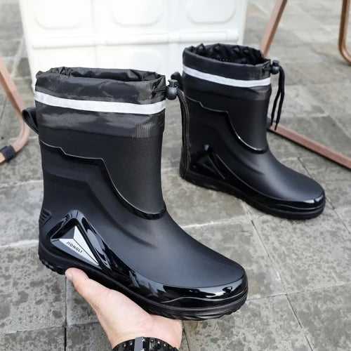 High-end Rain Boots for Men, New Drawstring Waterproof Shoes, Mid-length Anti-slip Rain Boots, Plus Fleece Rubber Boots for Work