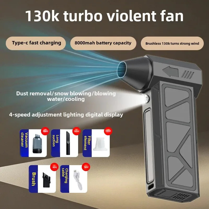 Violent Fan 130000RPM Powerful Air Blower Vacuum Dust Cleaner Type-C Charging Strong Winds 53m/s Brushless Turbo Jet Blower