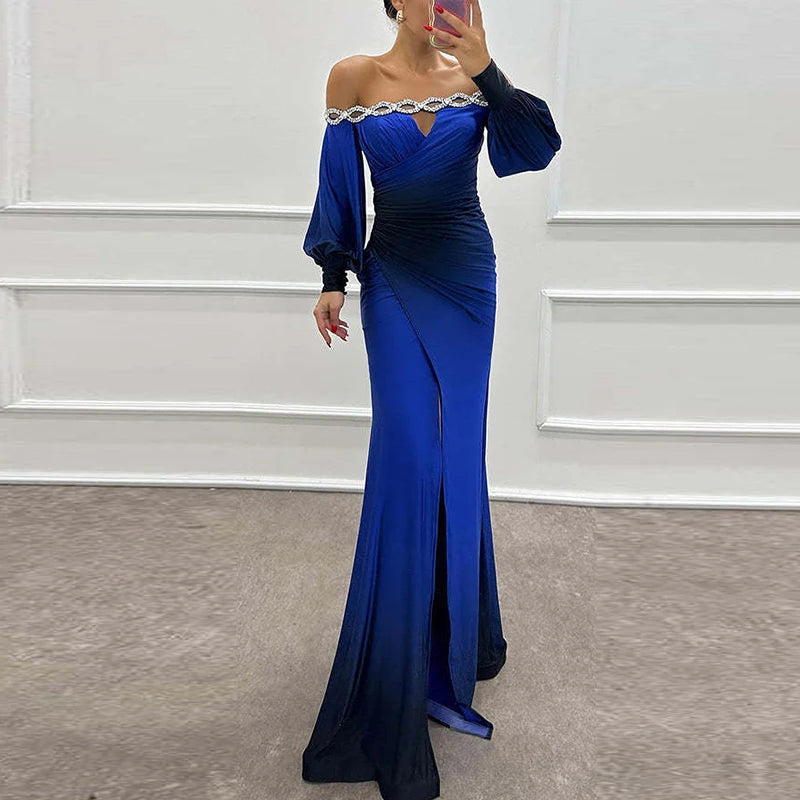 Women Elegant Contrasting Color Party Dress Fashion High Waist Long Sleeve Evening Dress Sexy Off Shoulder Spit Pleat Long Dress