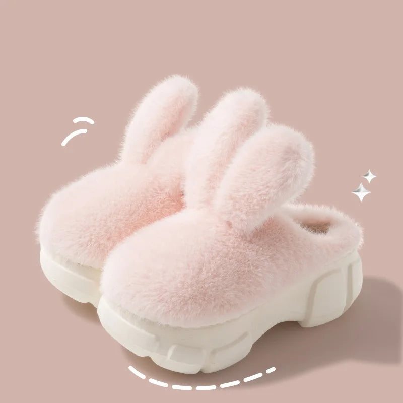 8 cm High platform fur slippers women's winter fluffy ear home shoes woman white bunny rabbit slippers woman house clog shoes