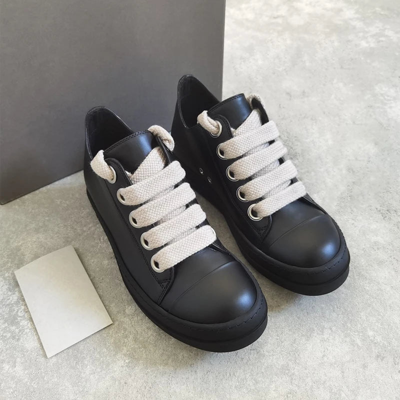 Men's Shoes Genuine Leather Jumbo Shoelace Women's Sneakers Fashion Black Lace-up O-wen Men's Casual Shoes