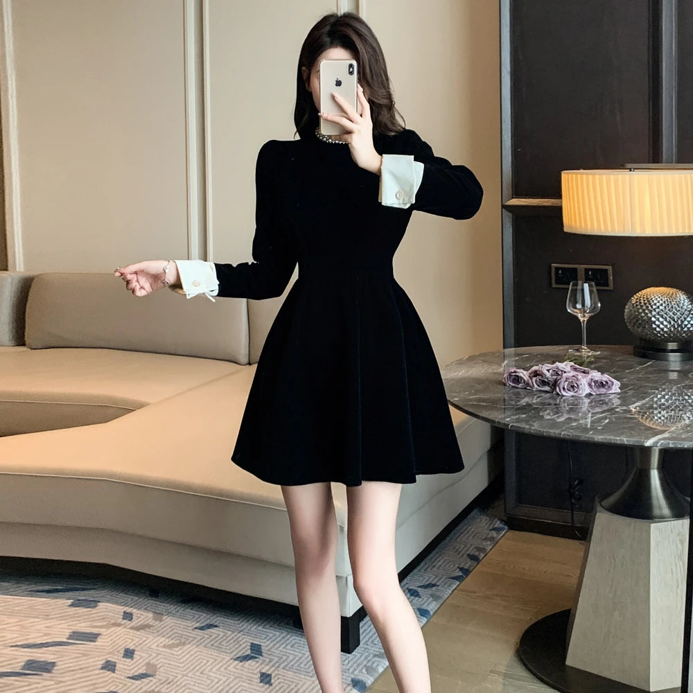 New 2024 Elegant Autumn Winter Velvet Evenign Party Dress French Women Diamonds Half High Collar Slim Waist Black Midi Vestidos