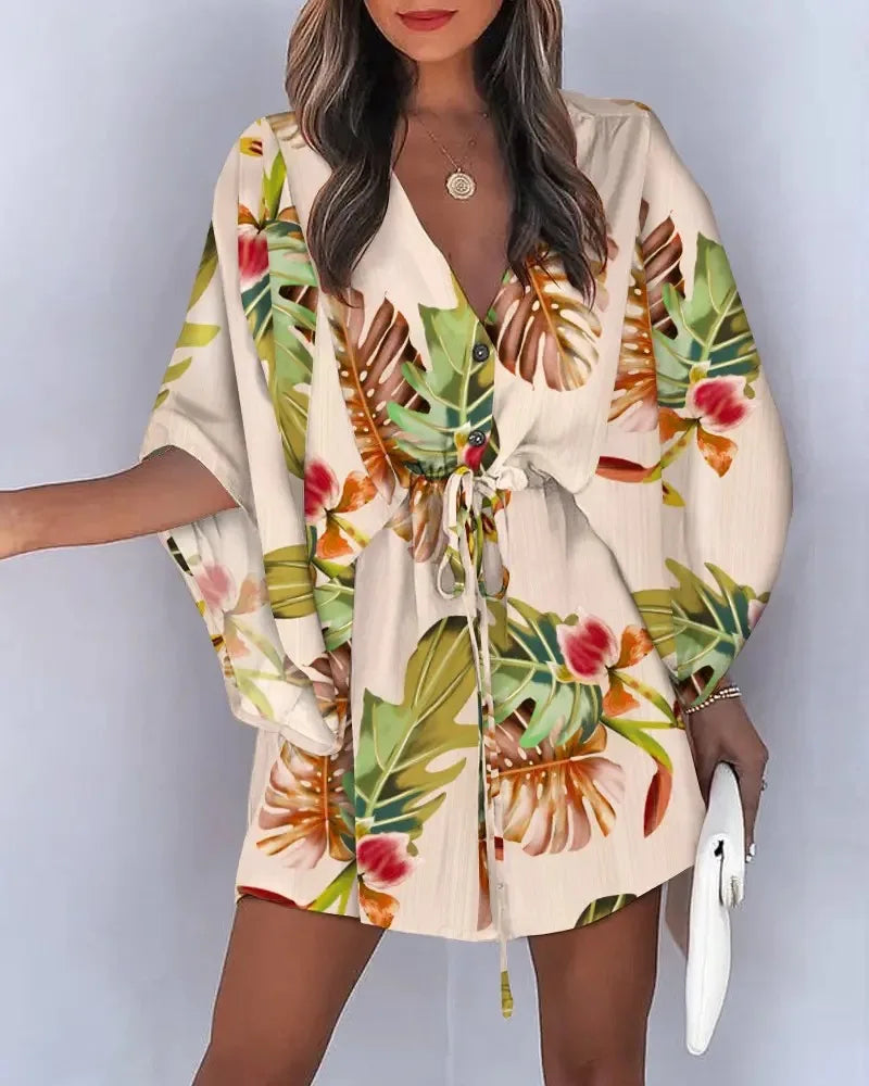 Summer Boho Mini Dress Women Flora Print Batwing Sleeve Lace-Up V Neck Loose Button Dresses Ladies Beach Party Dress Vestido