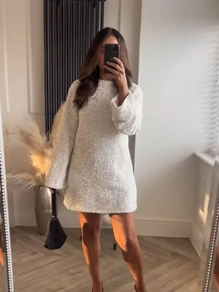 Fashion Solid Sequin Dress For Women Elegant Female Round Neck Bow Mini Party Dress  2023 New Chic Long Sleeves Christmas Dress