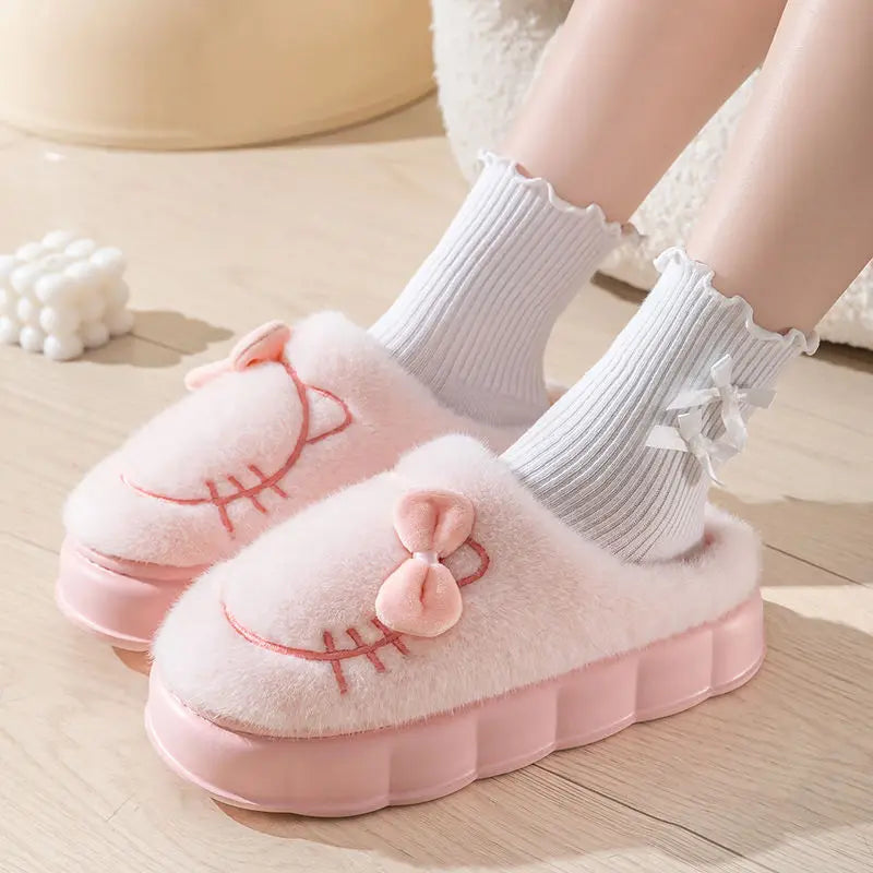 8 cm High platform fur slippers women's winter fluffy ear home shoes woman white bunny rabbit slippers woman house clog shoes