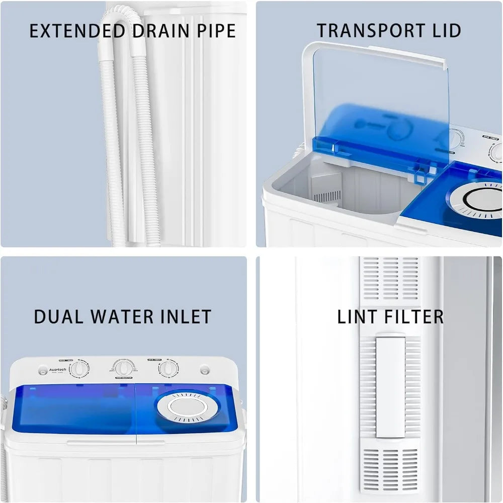 غسالة ملابس محمولة، غسالة ملابس صغيرة مدمجة بحوضين، سعة 28 رطلاً، مع مضخة تصريف، شبه أوتوماتيكية للمساكن والشقق والمركبات الترفيهية