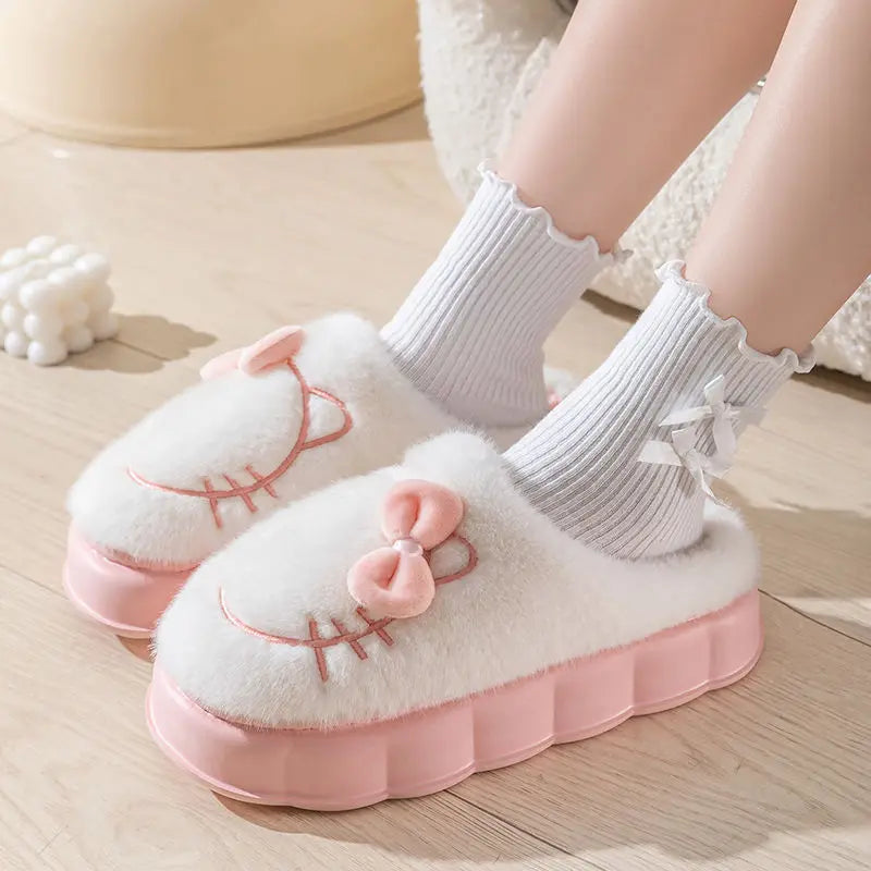 8 cm High platform fur slippers women's winter fluffy ear home shoes woman white bunny rabbit slippers woman house clog shoes