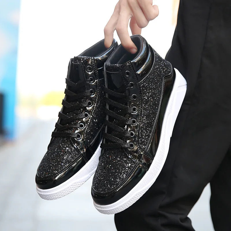 2022 Fashion Men High Top Sneakers Male Ankle Boots Gold Luxury Glitter Shoes Streetwear Hip Hop Casual Boots Chaussures Spring