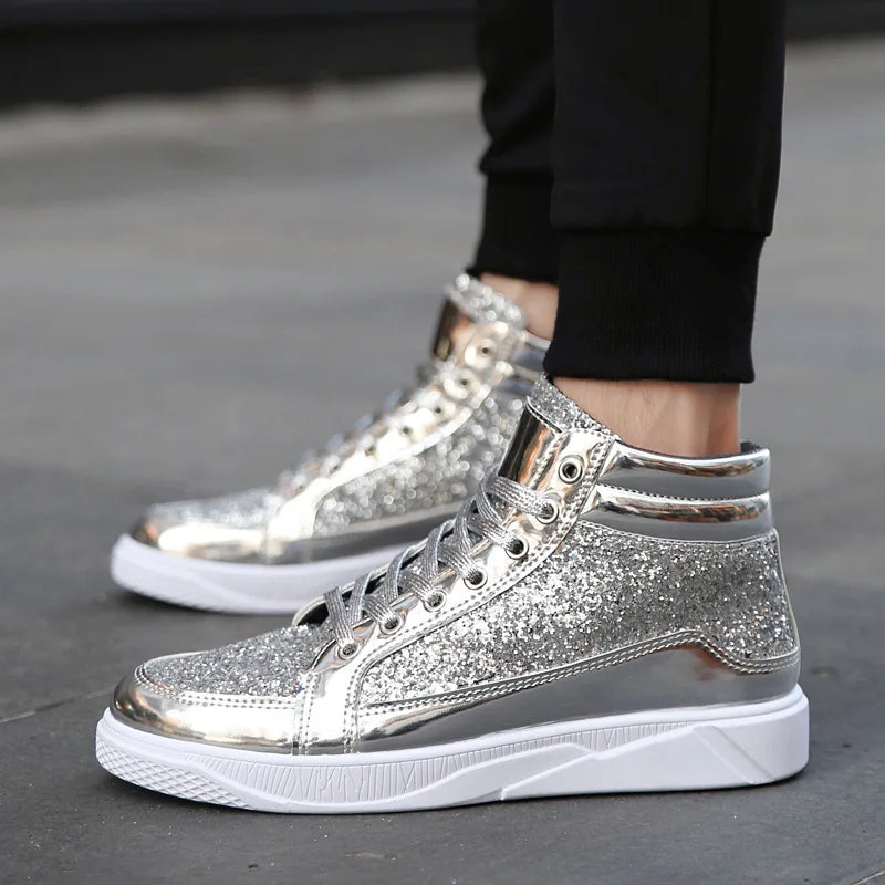 2022 Fashion Men High Top Sneakers Male Ankle Boots Gold Luxury Glitter Shoes Streetwear Hip Hop Casual Boots Chaussures Spring