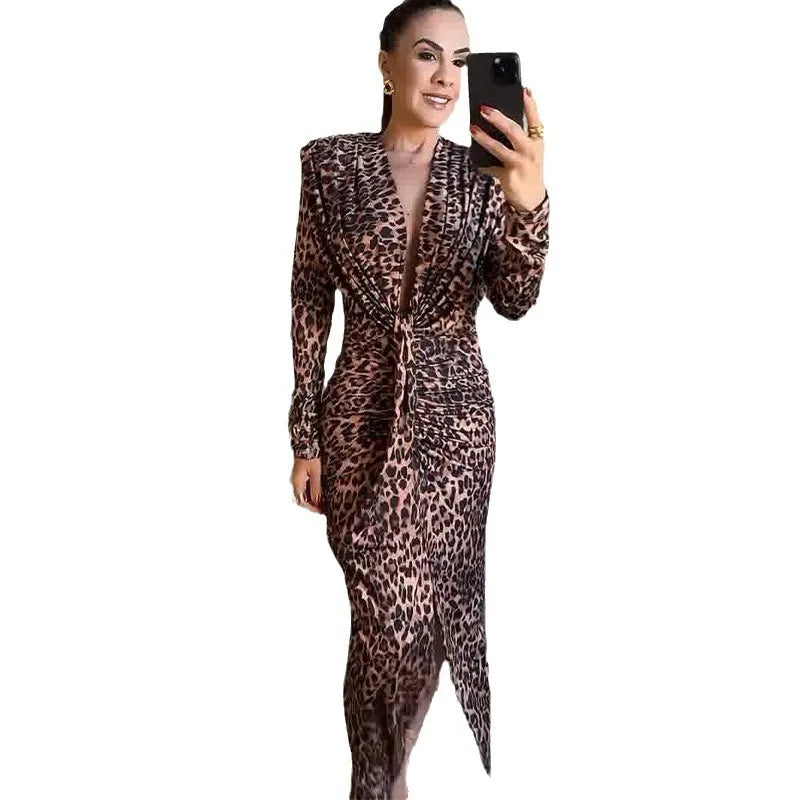 Print Leopard Dresses Pullover Sexy V Neck Long Sleeve Spliced Party Dress Sashes Vestidos Ankle Length Casual Loose Fit