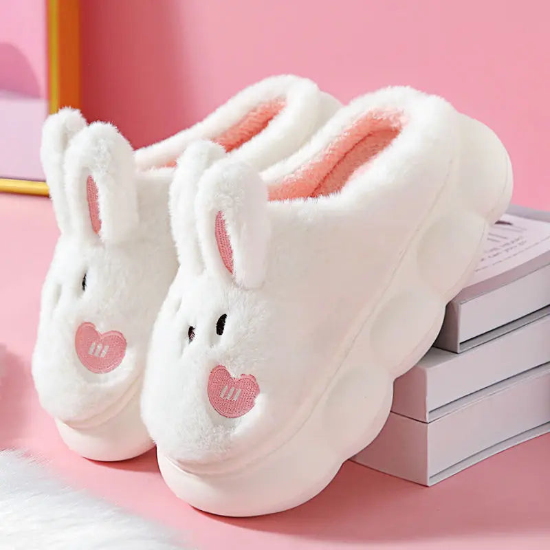 8 cm High platform fur slippers women's winter fluffy ear home shoes woman white bunny rabbit slippers woman house clog shoes