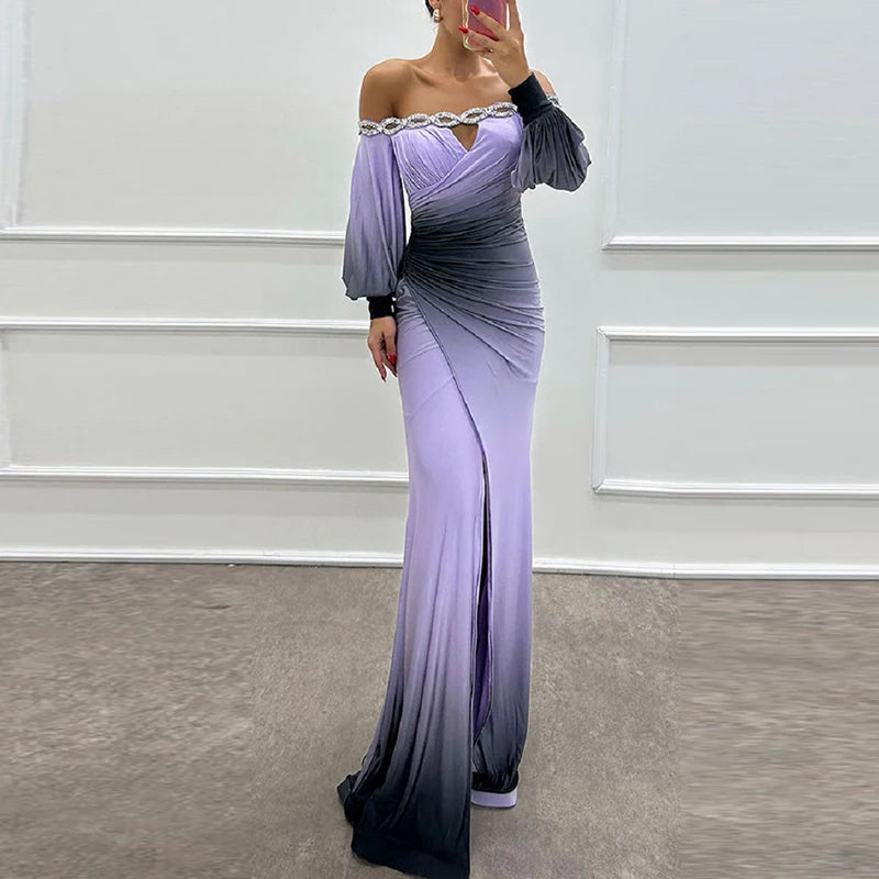 Women Elegant Contrasting Color Party Dress Fashion High Waist Long Sleeve Evening Dress Sexy Off Shoulder Spit Pleat Long Dress