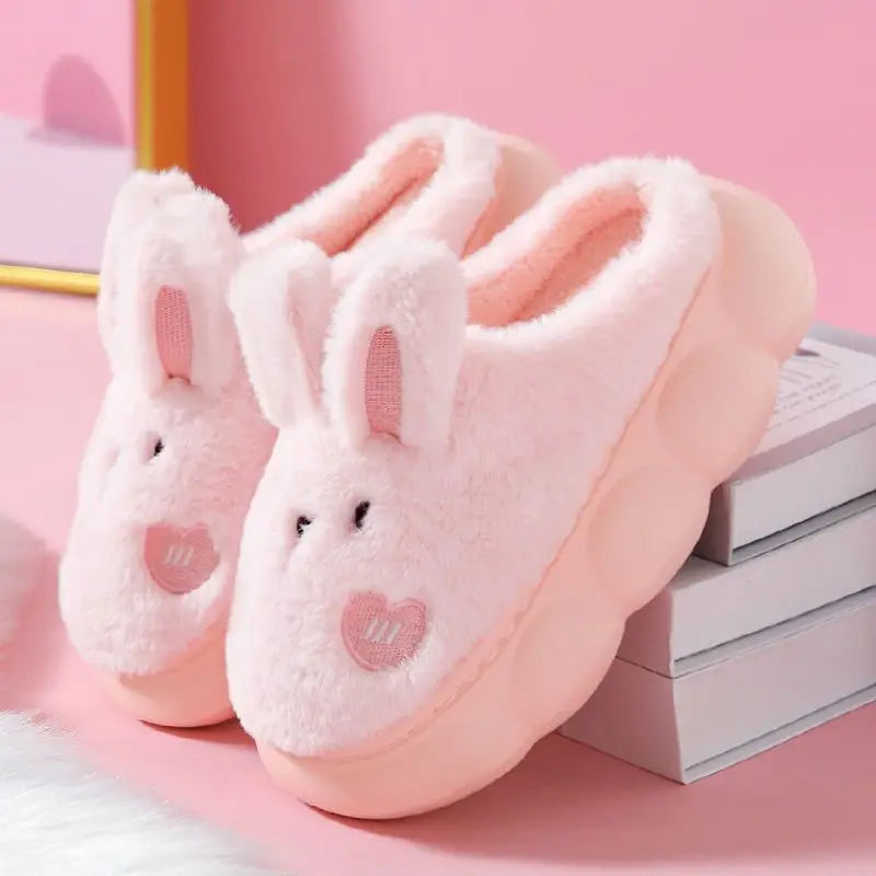 8 cm High platform fur slippers women's winter fluffy ear home shoes woman white bunny rabbit slippers woman house clog shoes