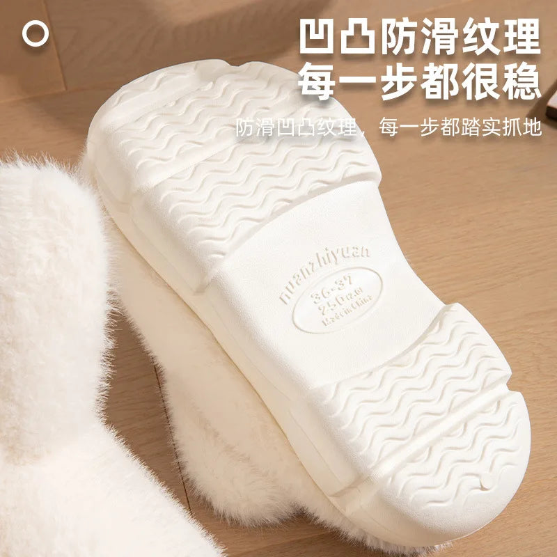 8 cm High platform fur slippers women's winter fluffy ear home shoes woman white bunny rabbit slippers woman house clog shoes