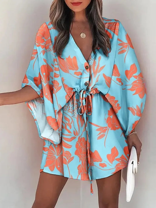 Summer Boho Mini Dress Women Flora Print Batwing Sleeve Lace-Up V Neck Loose Button Dresses Ladies Beach Party Dress Vestido