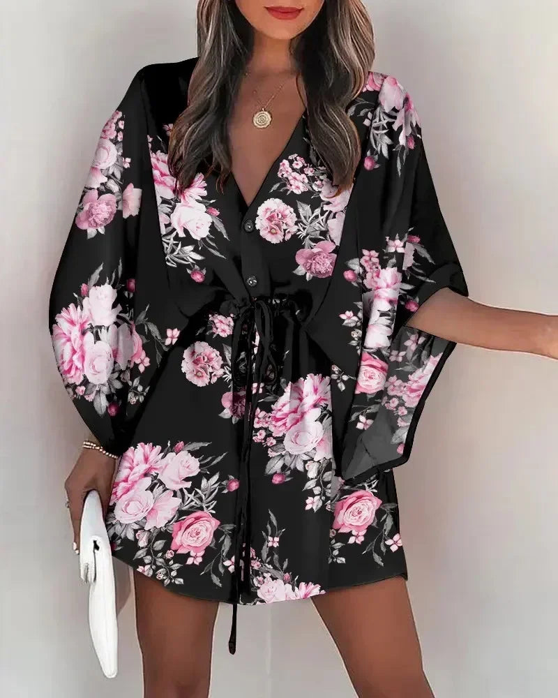 2023 Summer New Women's Casual Bohemia Beach Vacation Miniskirt Printed Bat Sleeve Lace up V-Neck Loose Button Party Dress