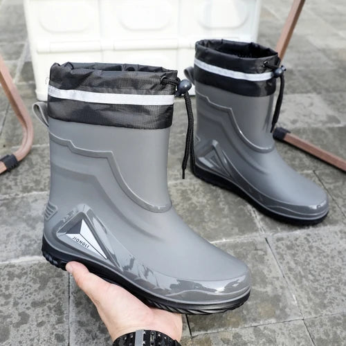 High-end Rain Boots for Men, New Drawstring Waterproof Shoes, Mid-length Anti-slip Rain Boots, Plus Fleece Rubber Boots for Work