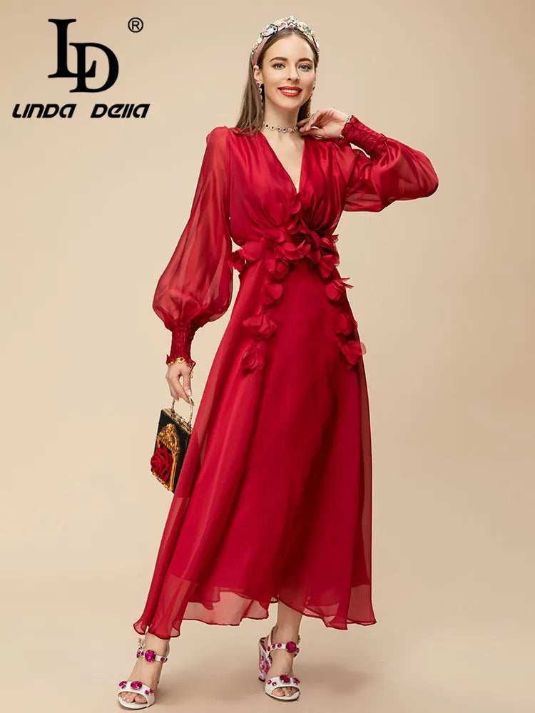 LD LINDA DELLA 2023 Summer Runway Elegant Party Dress Women's Red V-Neck High Waist Applique Chiffon Slim Fit Long Dress