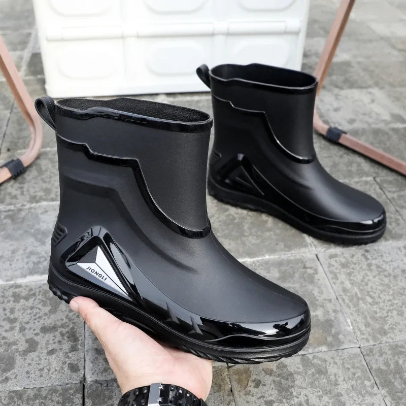 High-end Rain Boots for Men, New Drawstring Waterproof Shoes, Mid-length Anti-slip Rain Boots, Plus Fleece Rubber Boots for Work