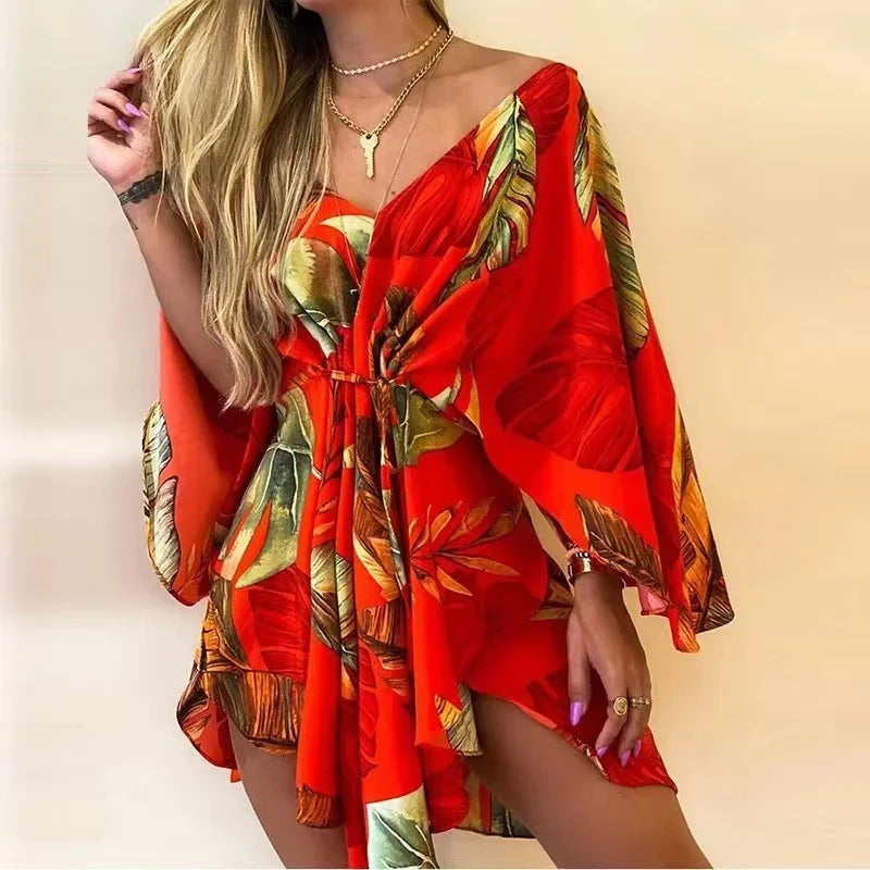 2024 New Summer Beach Elegant Women Dresses Sexy V Neck Lace-up Floral Print Mini Dress Casual Flared Sleeves Ladies Party Dress