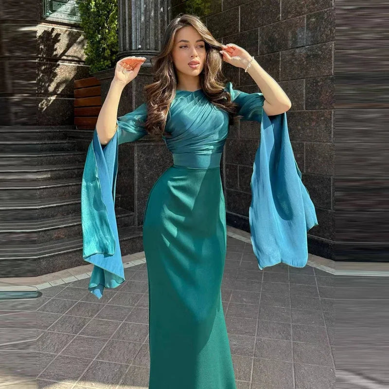 Elegant  Satin Dresses for Women Spring O Neck Solid Tunic Slim Bodycon Long Party Dress New Autumn Batwing Sleeve Evening Dress