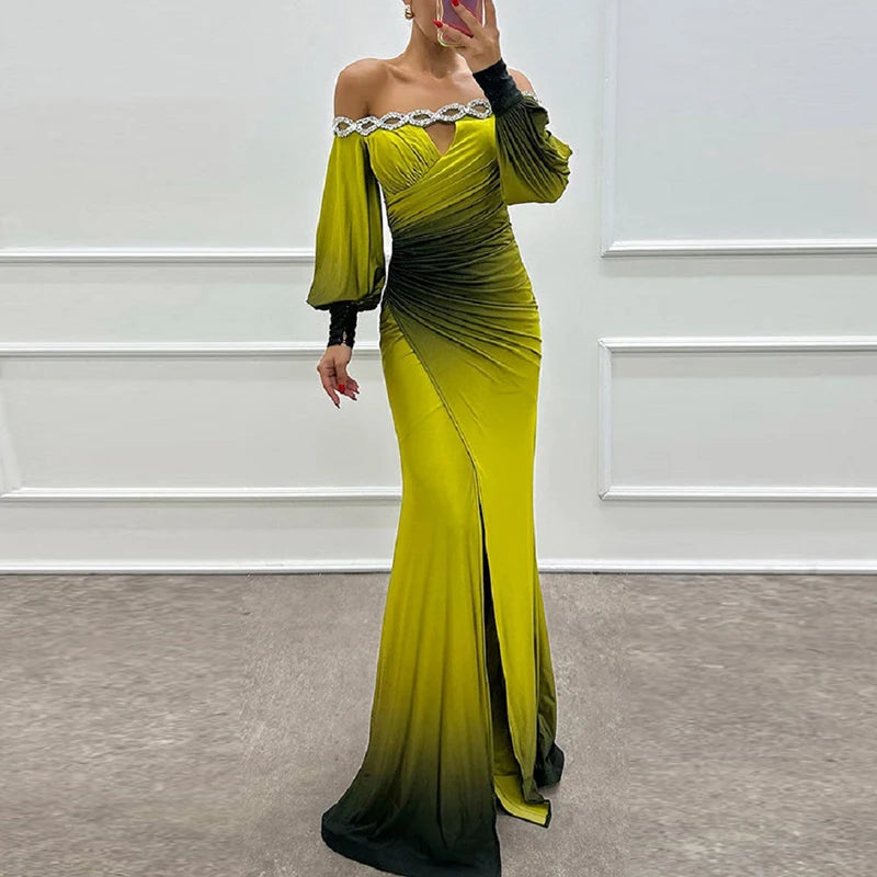 Women Elegant Contrasting Color Party Dress Fashion High Waist Long Sleeve Evening Dress Sexy Off Shoulder Spit Pleat Long Dress