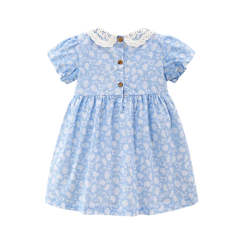 Little maven Party Dress Children's Clothing 2024 Baby Girls Blue Dresses Cartoon Flowers Summer Holiday Dresses Kids Clothes