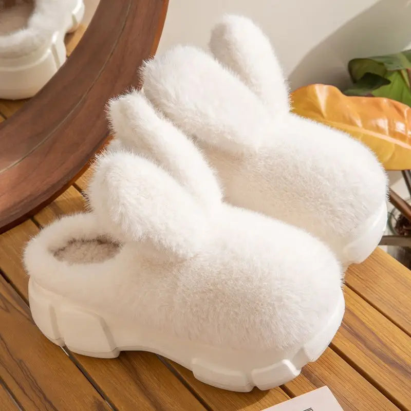 8 cm High platform fur slippers women's winter fluffy ear home shoes woman white bunny rabbit slippers woman house clog shoes