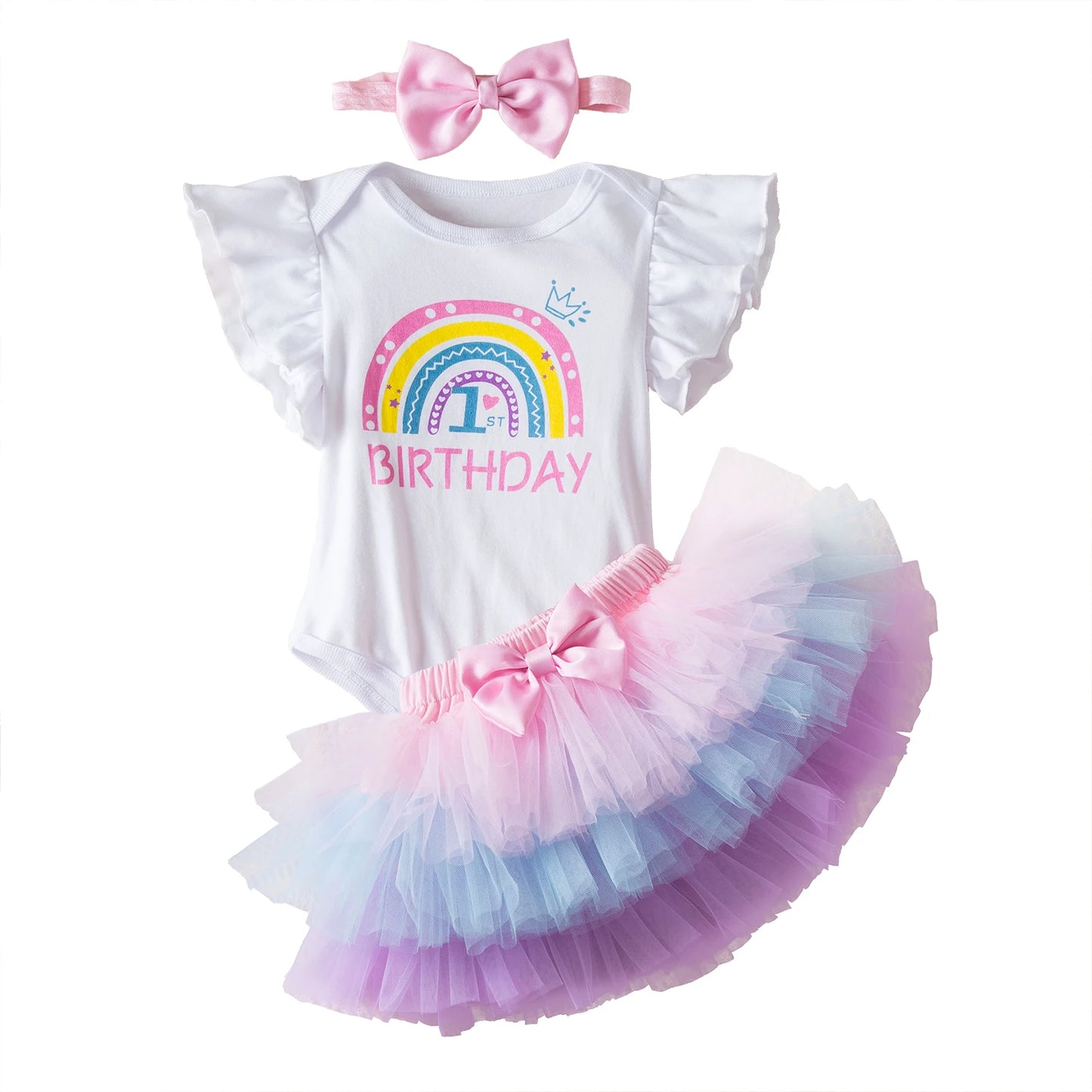 1st Birthday Print Shirt Tutu Skirt Outfit Short Sleeve Romper Pettiskirt Girls 3Pcs Clothes Sets Baby Girl Birthday Party Dress