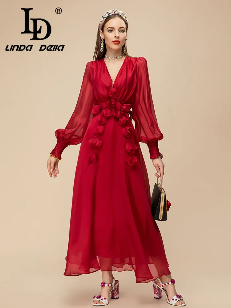 LD LINDA DELLA 2023 Summer Runway Elegant Party Dress Women's Red V-Neck High Waist Applique Chiffon Slim Fit Long Dress