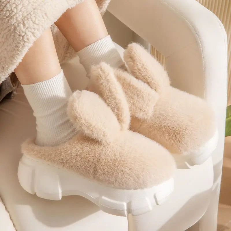 8 cm High platform fur slippers women's winter fluffy ear home shoes woman white bunny rabbit slippers woman house clog shoes