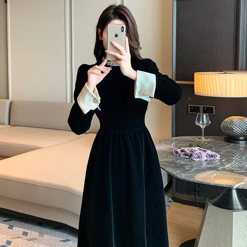 New 2024 Elegant Autumn Winter Velvet Evenign Party Dress French Women Diamonds Half High Collar Slim Waist Black Midi Vestidos