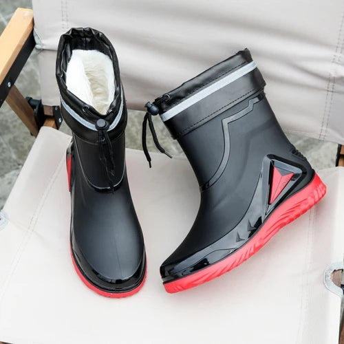 High-end Rain Boots for Men, New Drawstring Waterproof Shoes, Mid-length Anti-slip Rain Boots, Plus Fleece Rubber Boots for Work