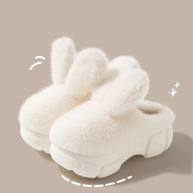 8 cm High platform fur slippers women's winter fluffy ear home shoes woman white bunny rabbit slippers woman house clog shoes